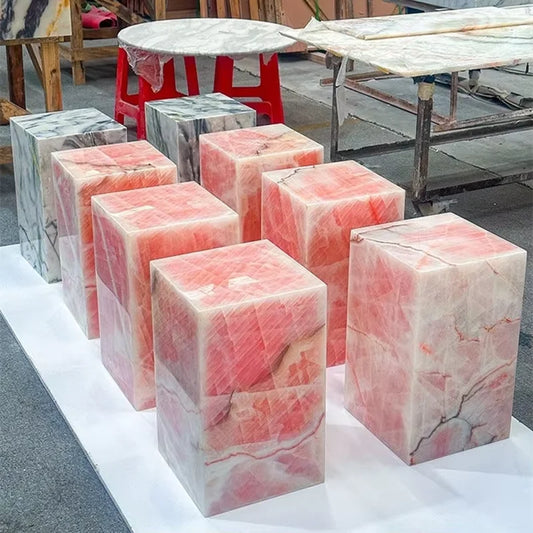 Group of Pink Jade Marble Block Side Tables in Workshop | LuxuryMarbleHome