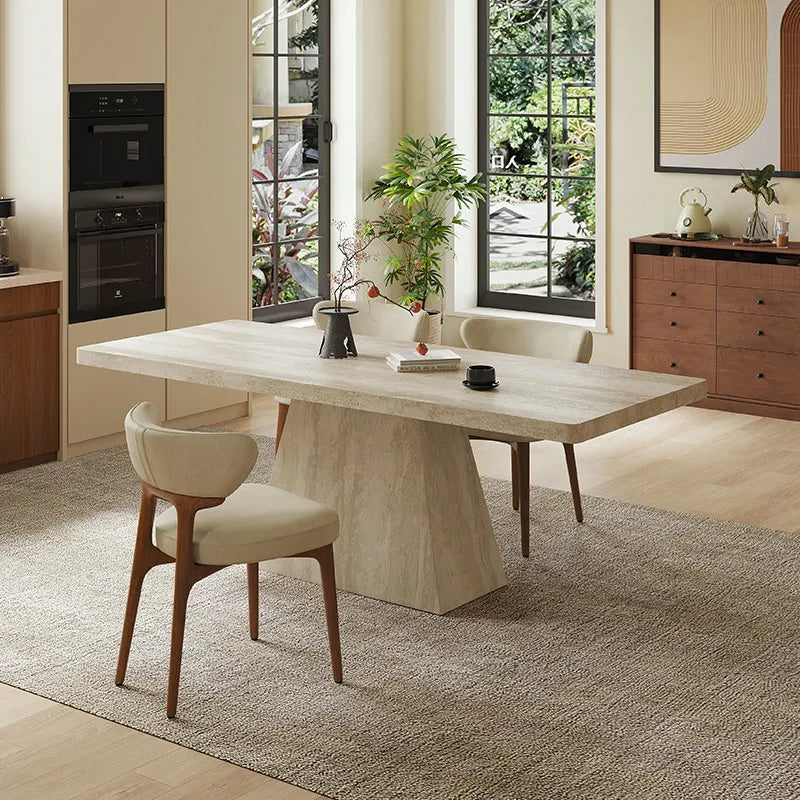 Modernist Travertine Sintered Stone Dining Table - Architectural Column Base - Architectural Natural Stone Furniture | LuxuryMarbleHome