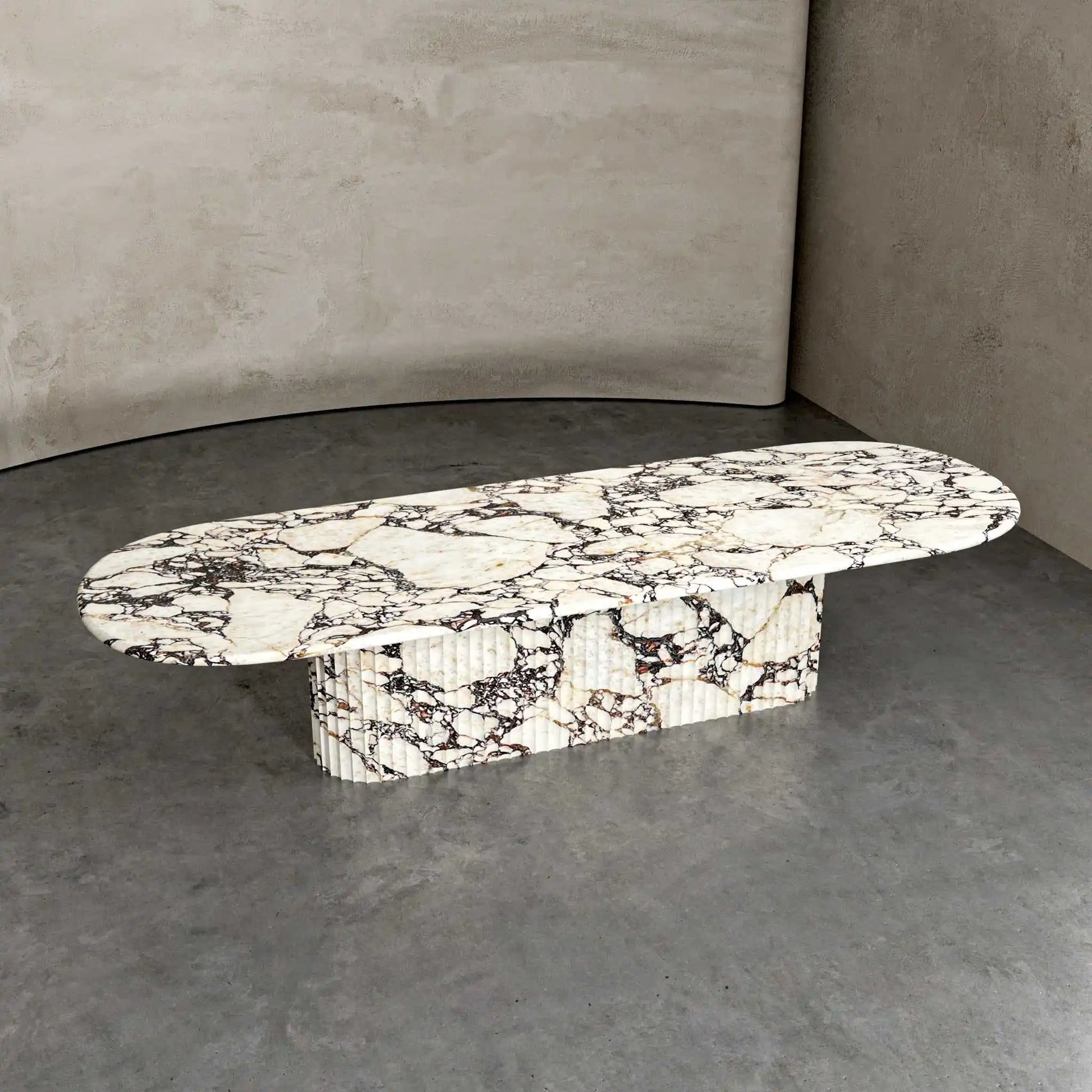 Top View: Dramatic Burgundy Veining of Calacatta Viola Marble Oval Table | LuxuryMarbleHome