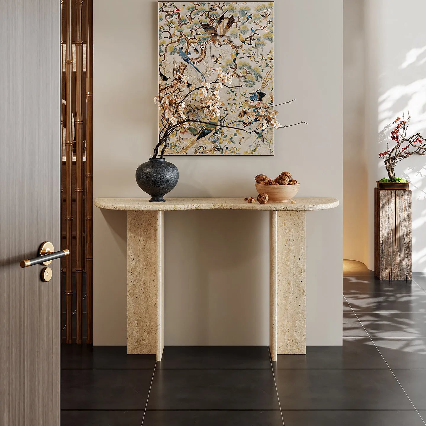 The Meridian - Wave & Straight Edge Travertine Console Table - Architectural Natural Stone Furniture | LuxuryMarbleHome