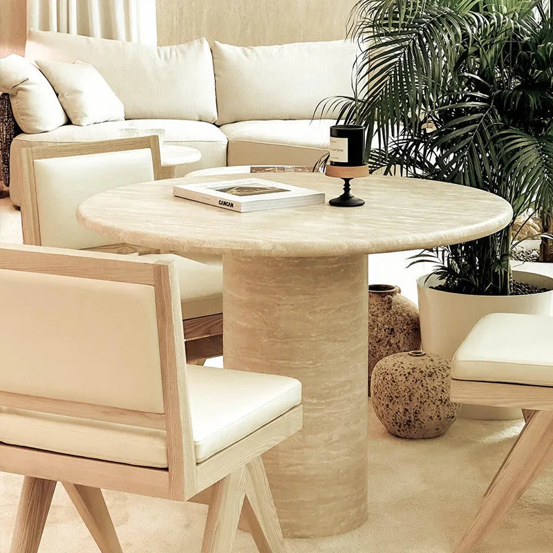 Classic Circular Travertine Dining Table - Natural Cream & Red Stone Masterpiece - Architectural Natural Stone Furniture | LuxuryMarbleHome