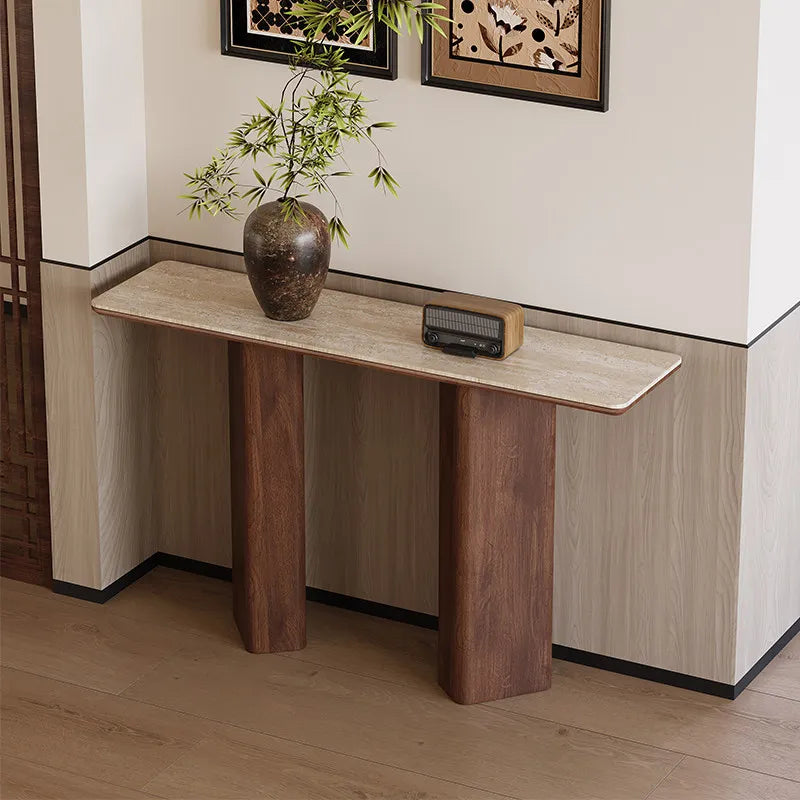 The Walnut Pillar: Travertine Sintered Stone & Walnut Console - Architectural Natural Stone Furniture | LuxuryMarbleHome