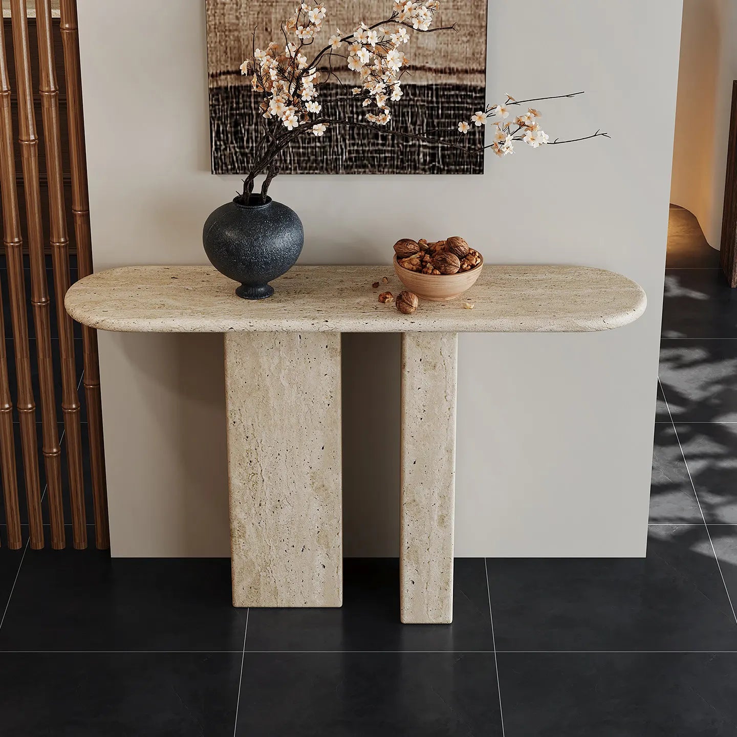 The Pillar Monolith: Double-Plinth Travertine Console - Architectural Natural Stone Furniture | LuxuryMarbleHome