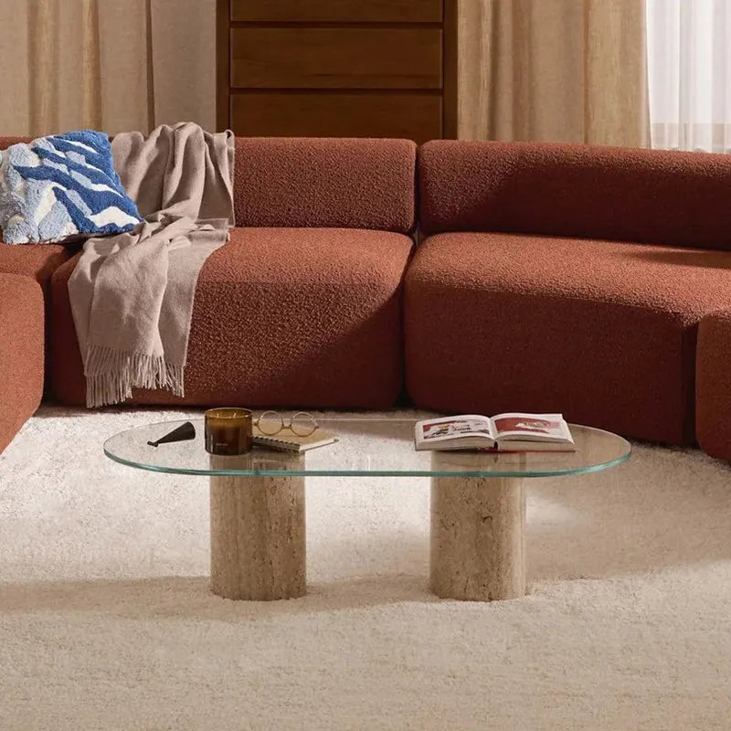The Aura Travertine & Glass Coffee Table - Architectural Natural Stone Furniture | LuxuryMarbleHome