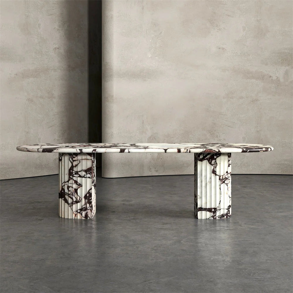 Architectural Fluted Calacatta Viola Bvlgari Marble Dining Table - Oval Monolithic Design | LuxuryMarbleHome