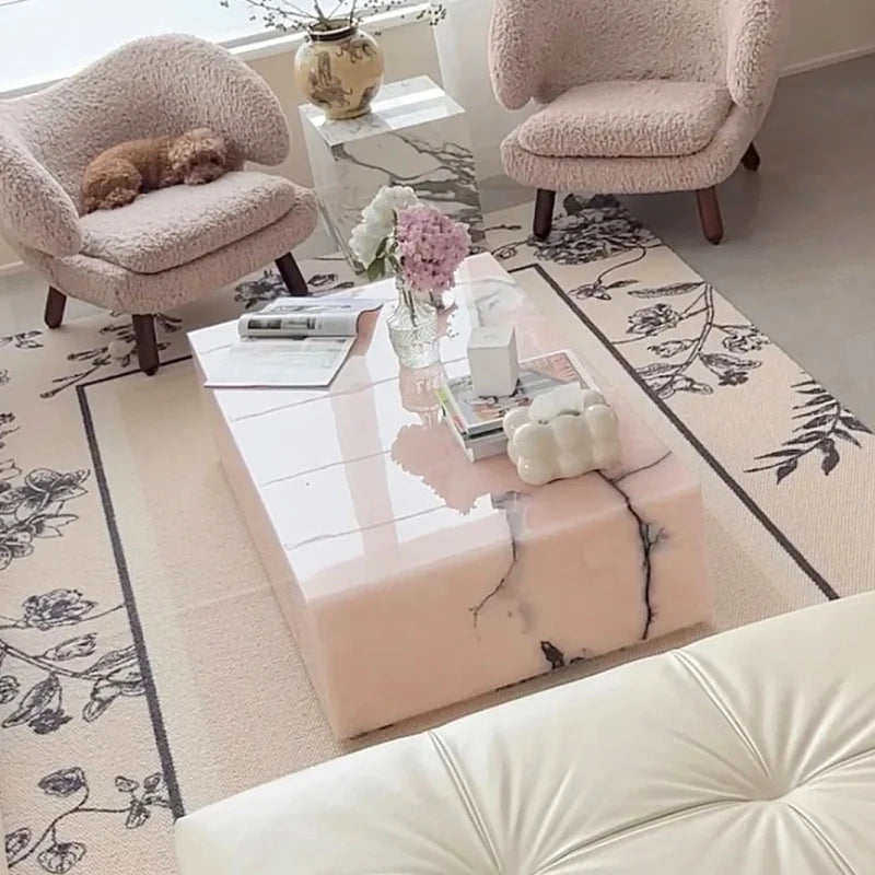Monolithic Pink Onyx Jade Marble Coffee Table - Ethereal Block Series - Architectural Natural Stone Furniture | LuxuryMarbleHome