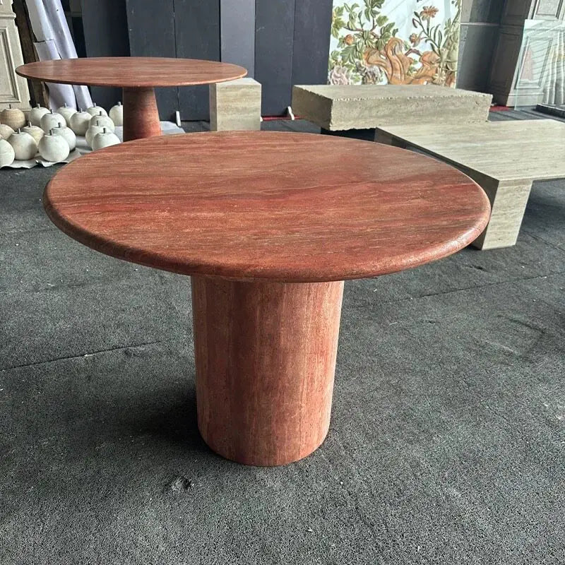 Classic Circular Travertine Dining Table - Natural Cream & Red Stone Masterpiece - Architectural Natural Stone Furniture | LuxuryMarbleHome