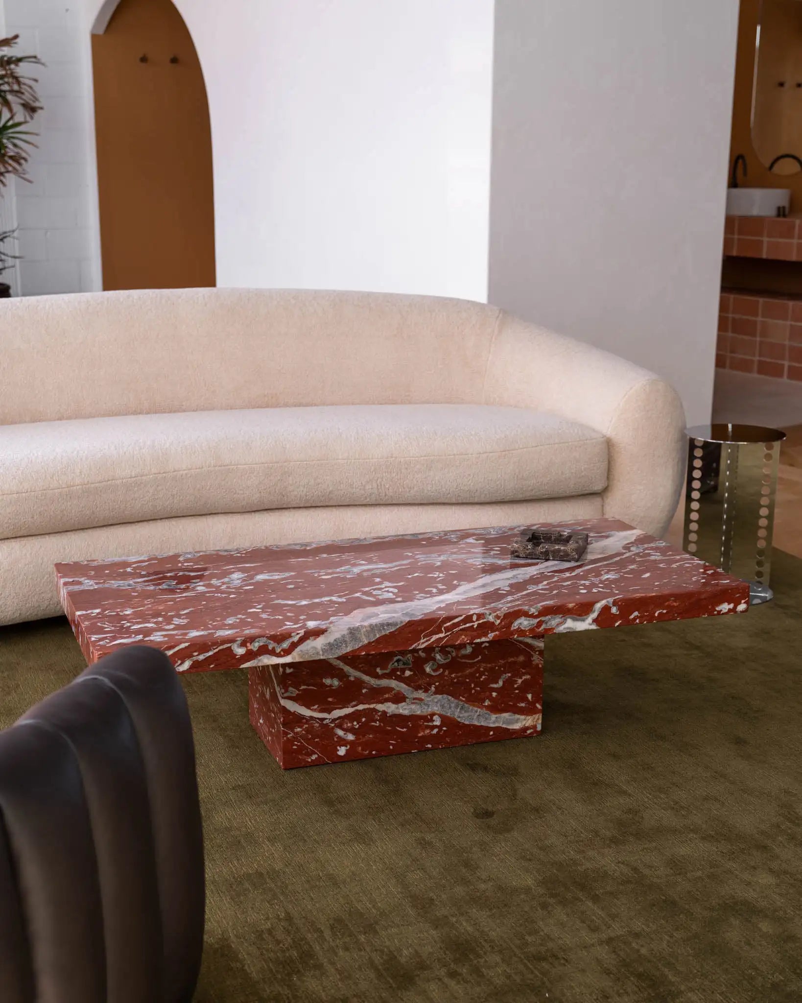 Rosso Francia Red Marble Coffee Table - Monolithic Pedestal Design - Architectural Natural Stone Furniture | LuxuryMarbleHome