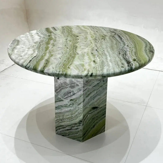 Architectural Hexagonal Pedestal Round Dining Table in Exotic Cold Jade Marble | LuxuryMarbleHome