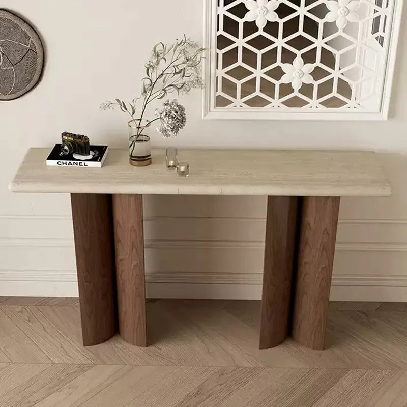 The Meridian Pillar: Solid Travertine & Walnut Veneer Console - Architectural Natural Stone Furniture | LuxuryMarbleHome