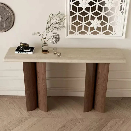 The Meridian Pillar: Solid Travertine & Walnut Veneer Console - Architectural Natural Stone Furniture | LuxuryMarbleHome