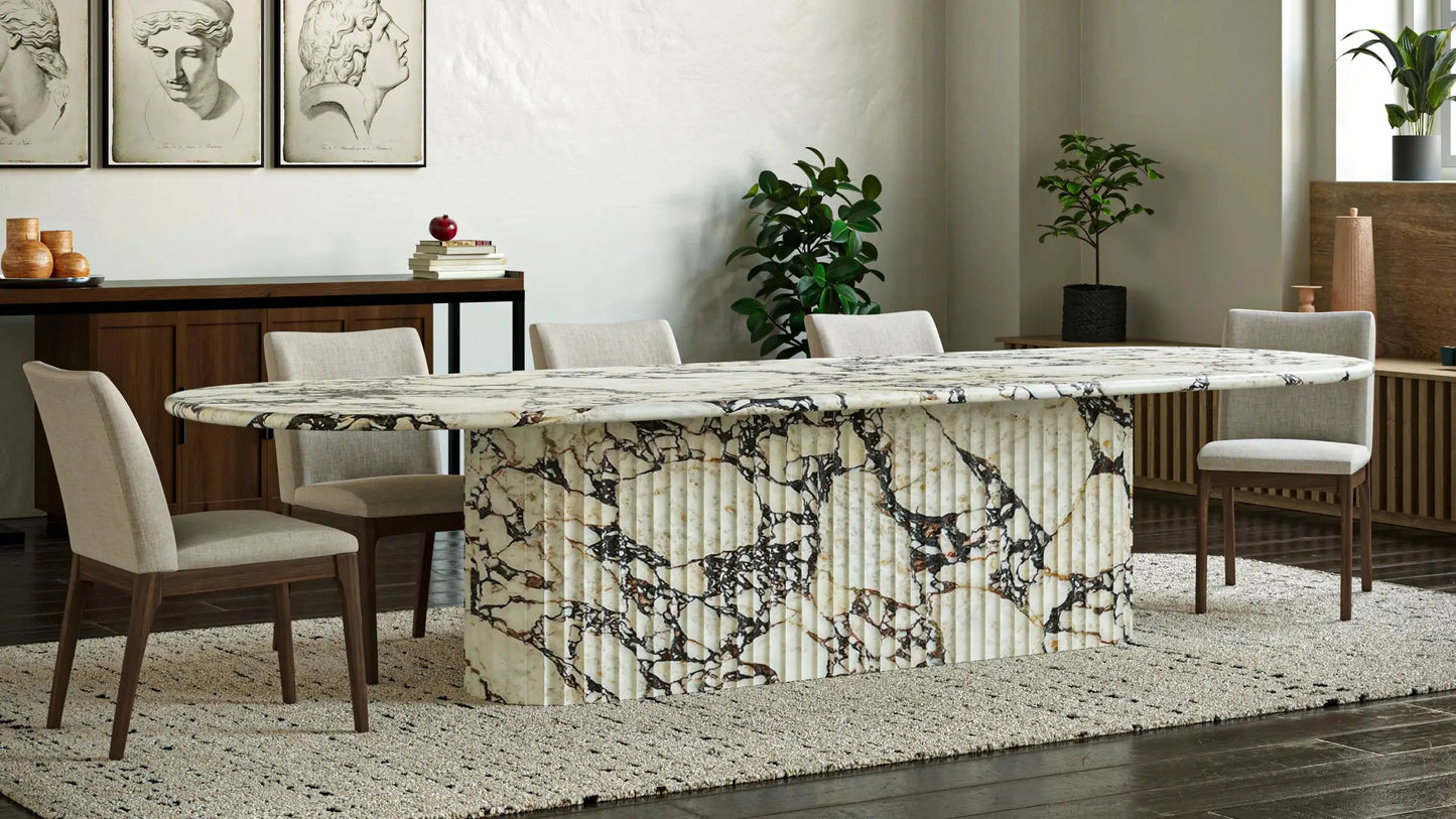 Monumental Fluted Calacatta Viola Bvlgari Marble Oval Dining Table in Luxury Dining Room | LuxuryMarbleHome