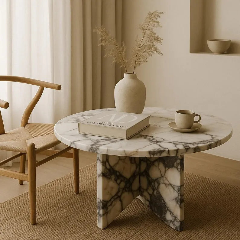 Round Calacatta Viola Marble Dining Table - Sculptural Cross-Pedestal Design - Architectural Natural Stone Furniture | LuxuryMarbleHome