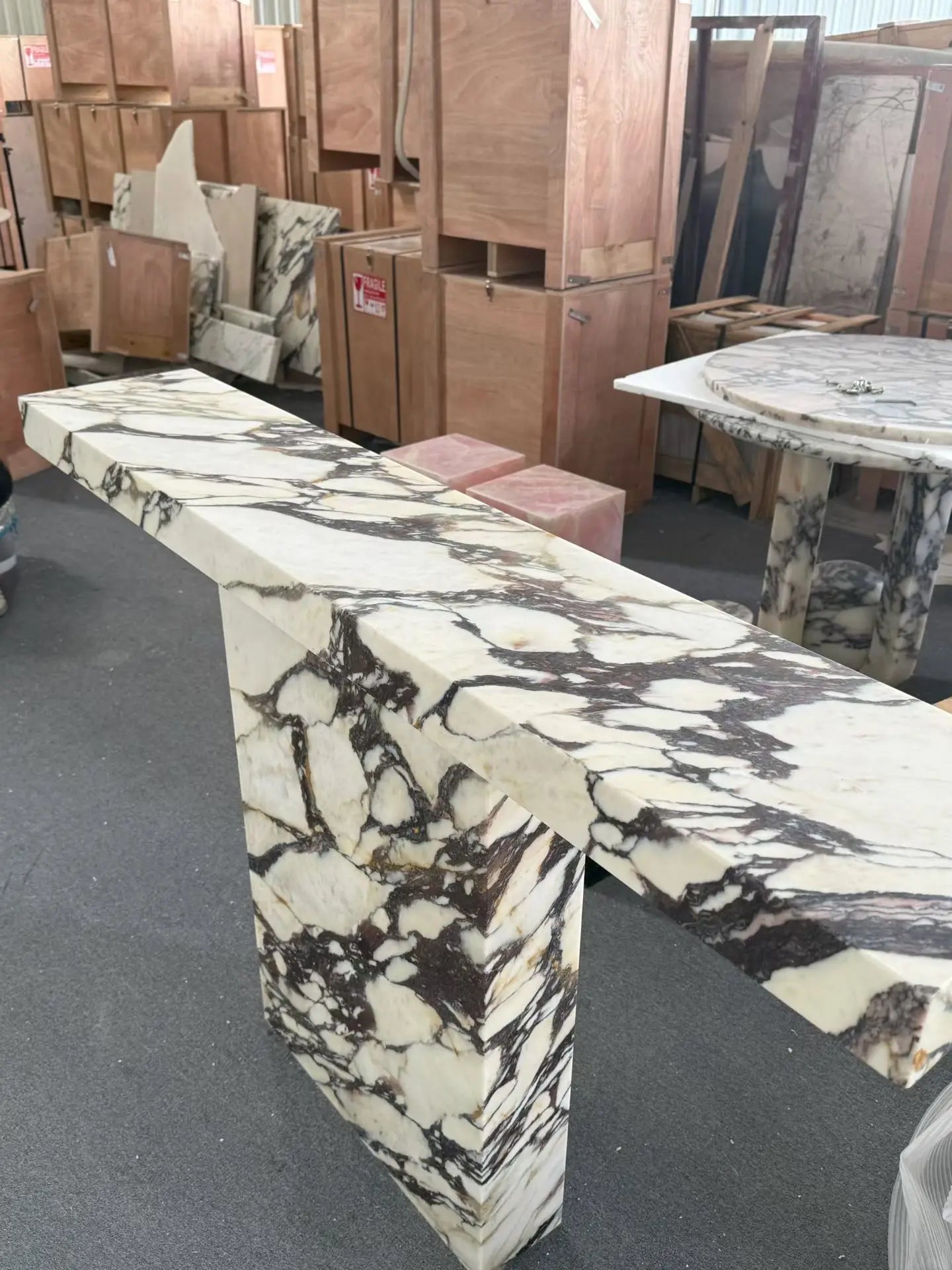 Warehouse Preview: Calacatta Viola Console Production | LuxuryMarbleHome