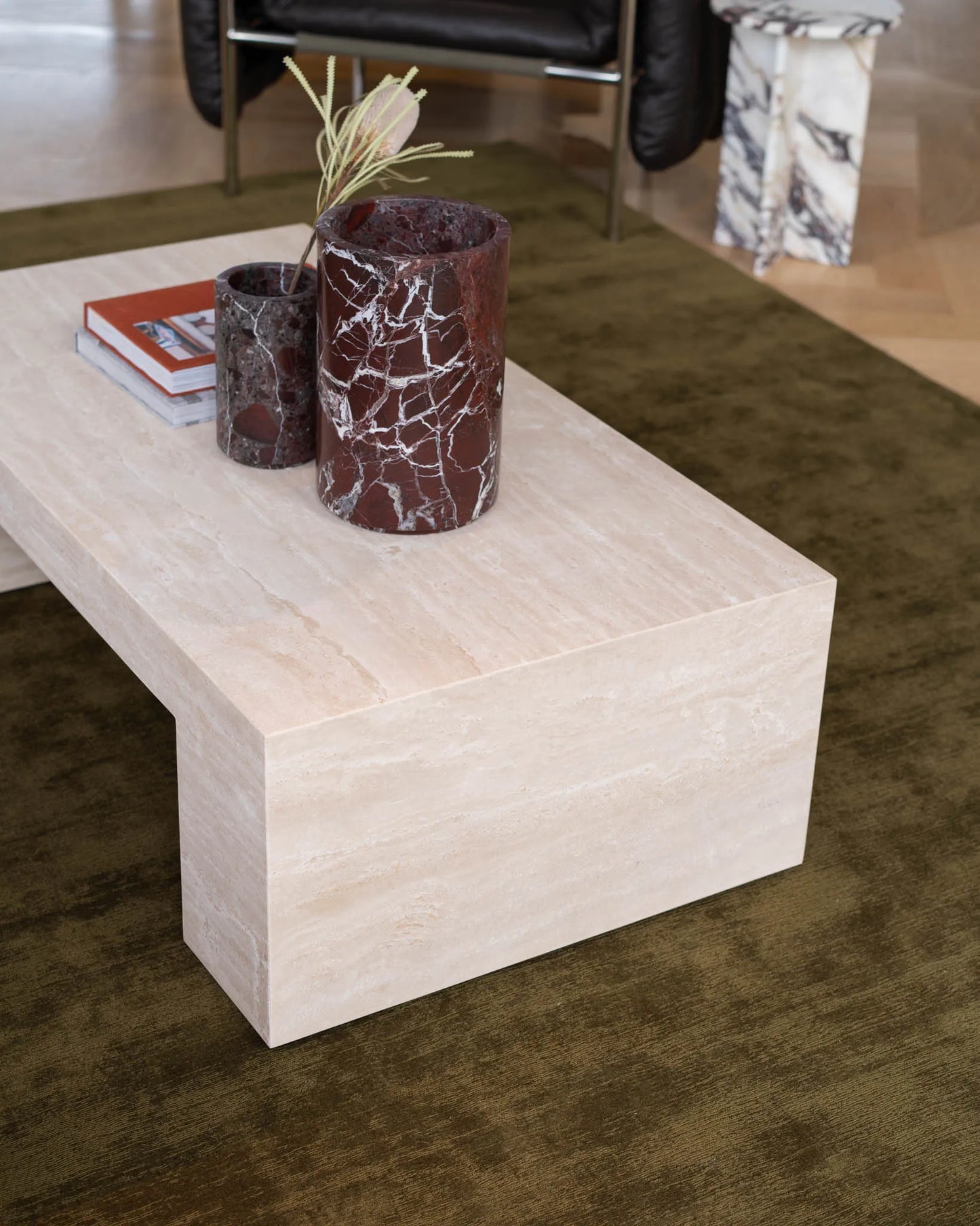 Classic Cream Travertine Coffee Table - Minimalist Monolithic Bridge Design - Architectural Natural Stone Furniture | LuxuryMarbleHome
