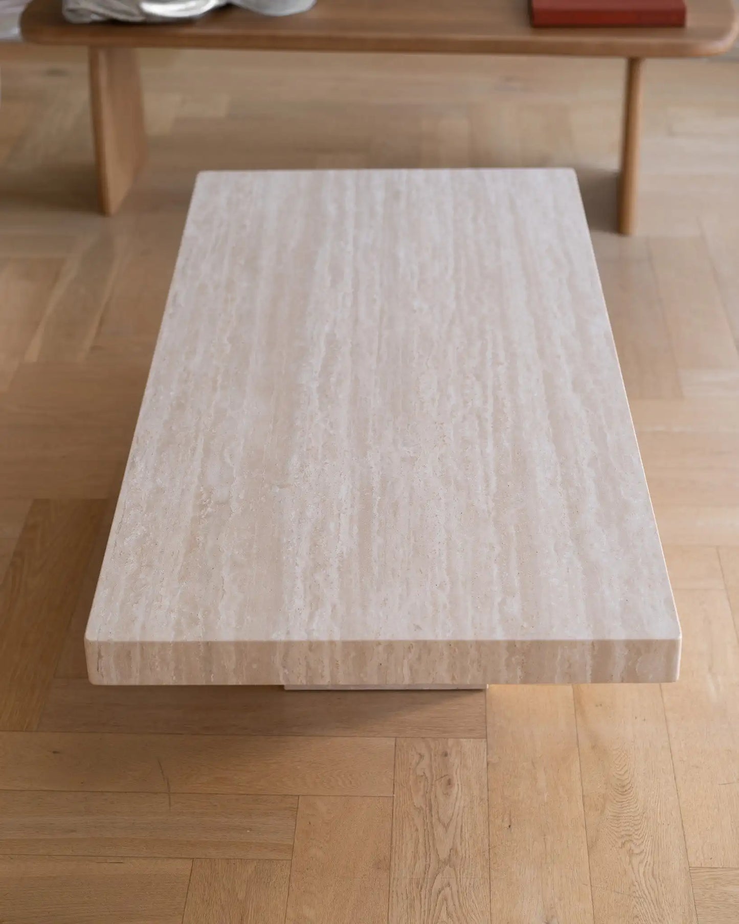 Rectangle Cream Travertine Coffee Table - Minimalist Monolithic Pedestal Design - Architectural Natural Stone Furniture | LuxuryMarbleHome