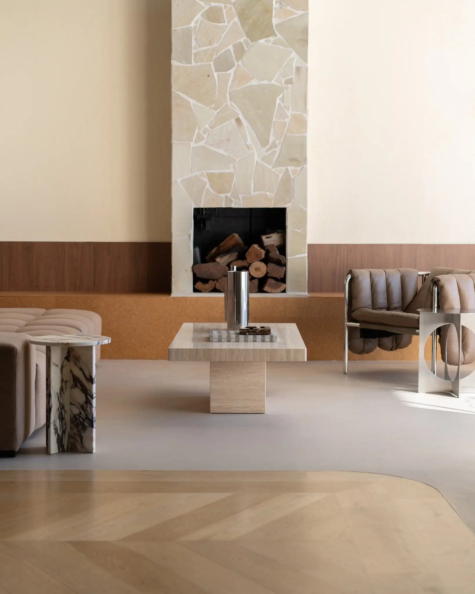 Rectangle Cream Travertine Coffee Table - Minimalist Monolithic Pedestal Design - Architectural Natural Stone Furniture | LuxuryMarbleHome