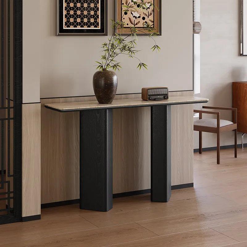 The Noir Pillar: Travertine Sintered Stone & Black Oak Console - Architectural Natural Stone Furniture | LuxuryMarbleHome