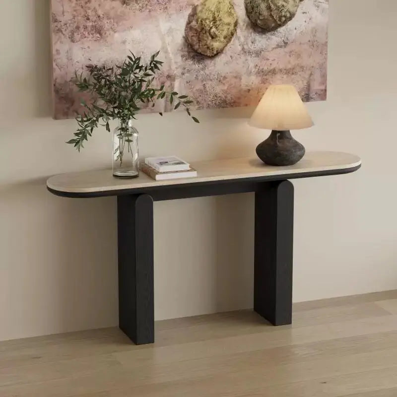 The Serene Pill: Travertine Sintered Stone & Wood Pillar Console - Architectural Natural Stone Furniture | LuxuryMarbleHome