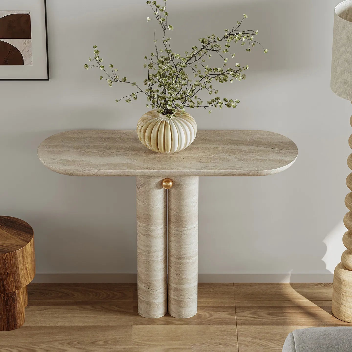 The Orb Monolith: Gold-Accented Travertine Console - Architectural Natural Stone Furniture | LuxuryMarbleHome