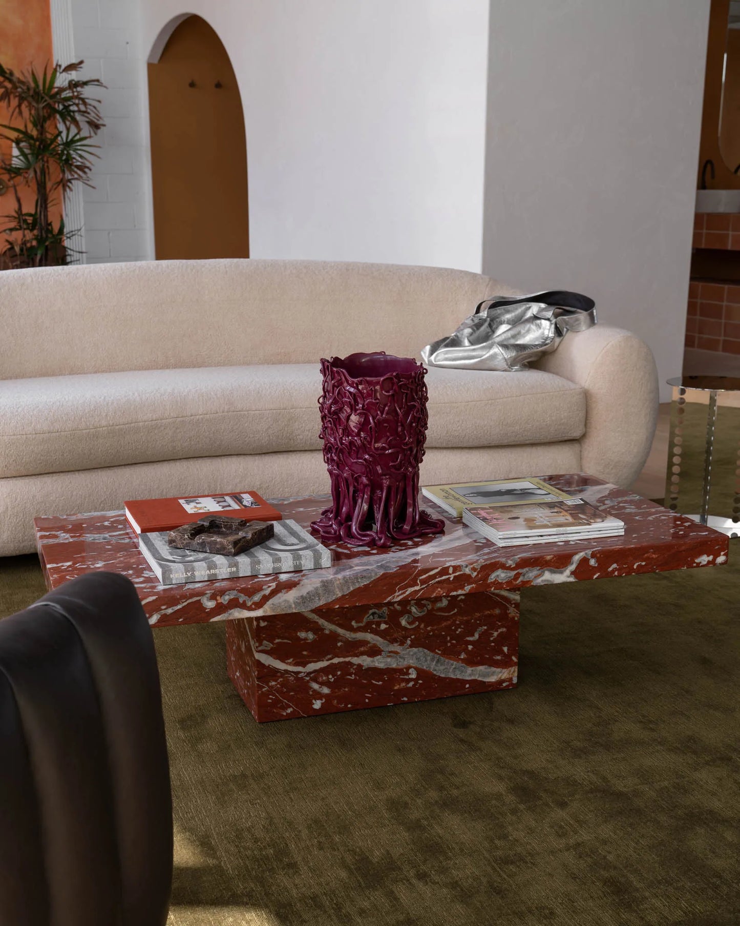 Rosso Francia Red Marble Coffee Table - Monolithic Pedestal Design - Architectural Natural Stone Furniture | LuxuryMarbleHome