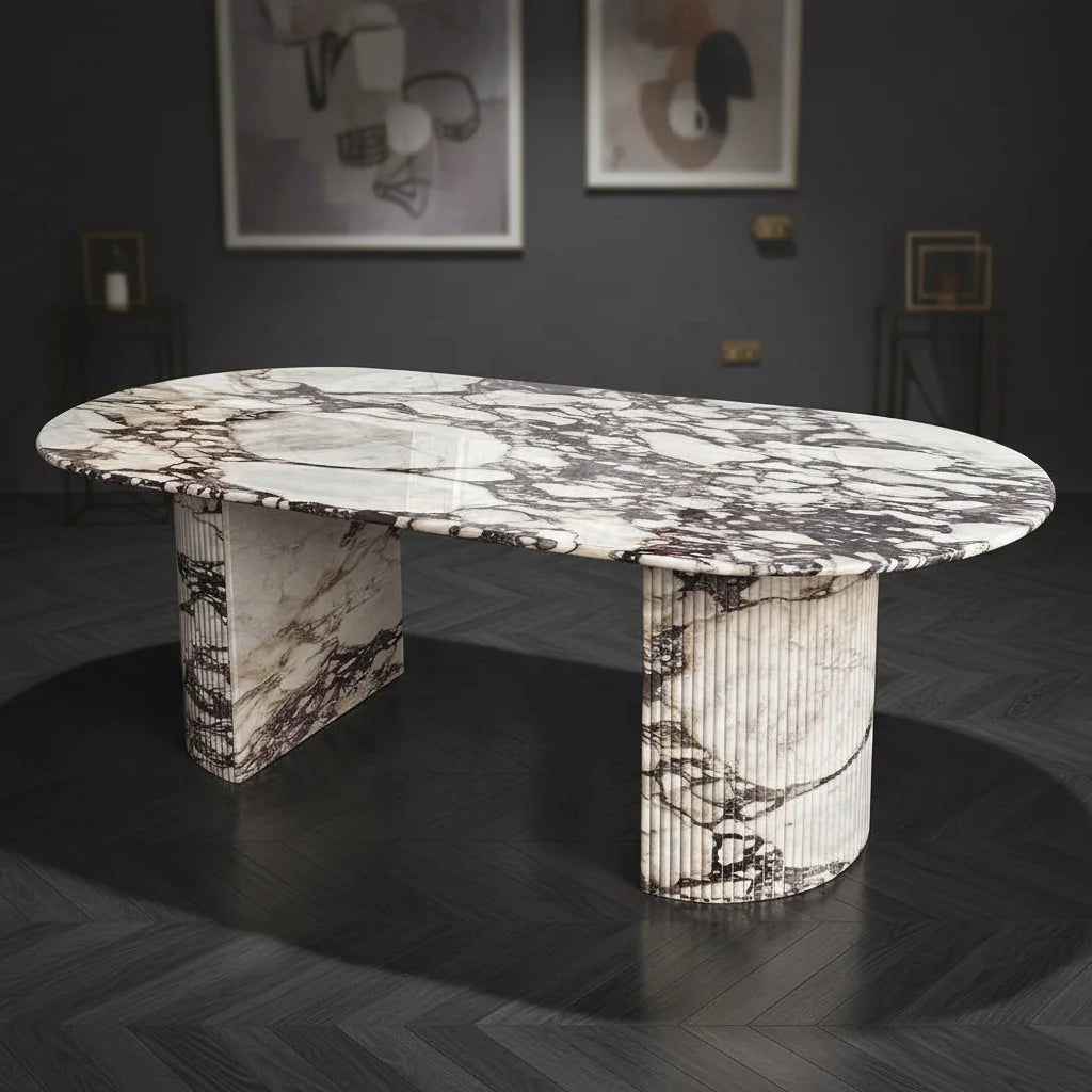 Architectural Fluted Arabescato Marble Oval Dining Table in Lifestyle Setting | LuxuryMarbleHome