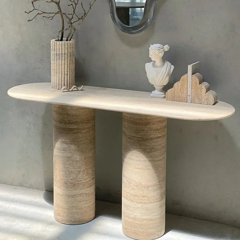 Colonnade 55 inch Natural Travertine Console Table - Dual Pillar Sculptural Entryway Table - Architectural Natural Stone Furniture | LuxuryMarbleHome