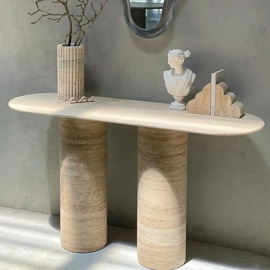 Colonnade 55 inch Natural Travertine Console Table - Dual Pillar Sculptural Entryway Table - Architectural Natural Stone Furniture | LuxuryMarbleHome