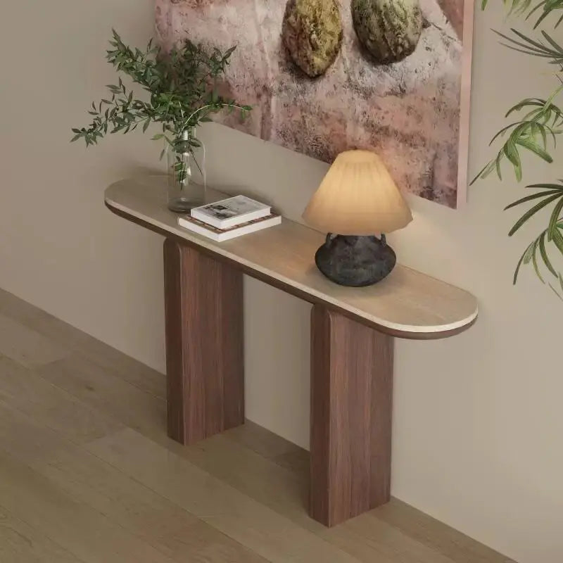 The Serene Pill: Travertine Sintered Stone & Wood Pillar Console - Architectural Natural Stone Furniture | LuxuryMarbleHome