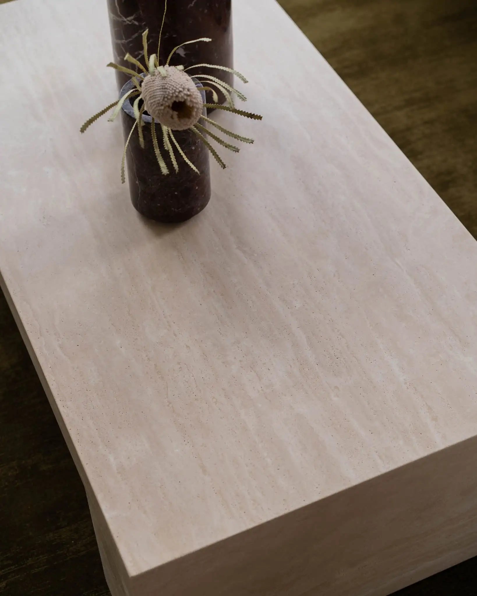 Classic Cream Travertine Coffee Table - Minimalist Monolithic Bridge Design - Architectural Natural Stone Furniture | LuxuryMarbleHome