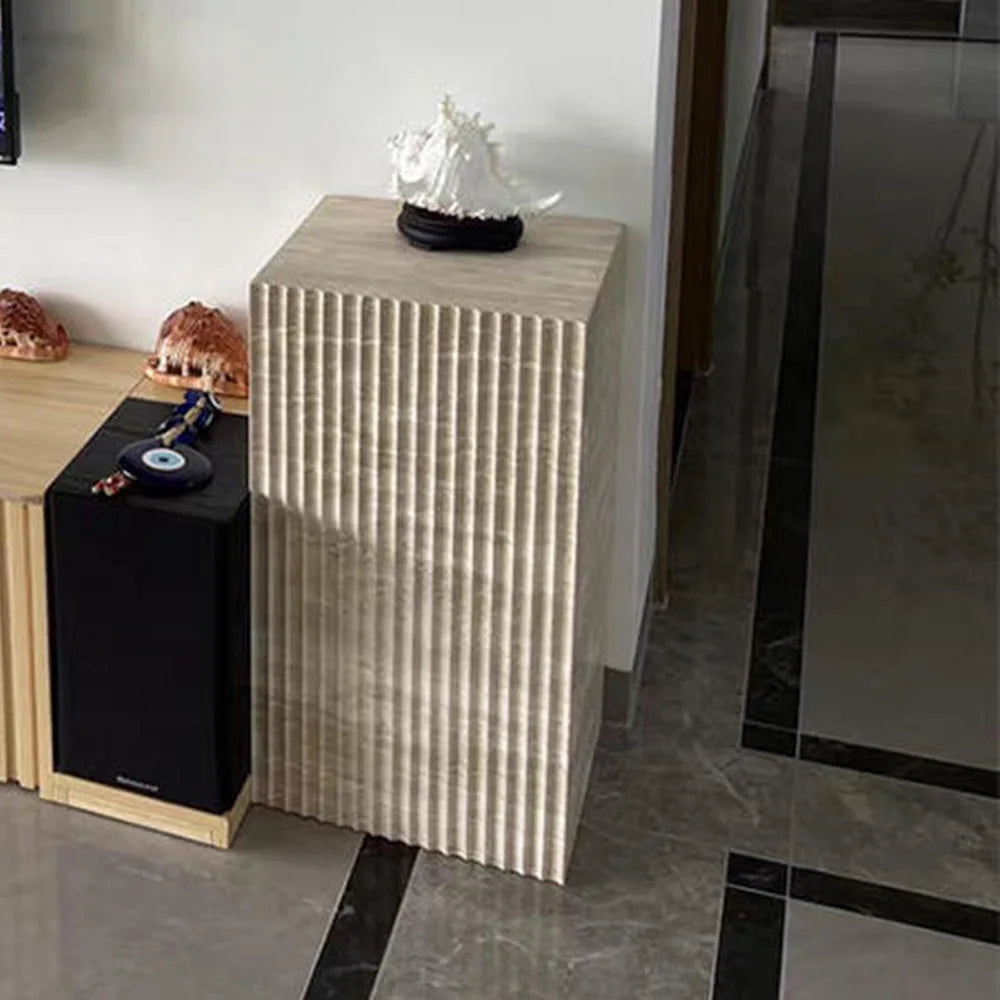 Lifestyle View: Fluted Travertine Pedestal as Flower Stand | LuxuryMarbleHome