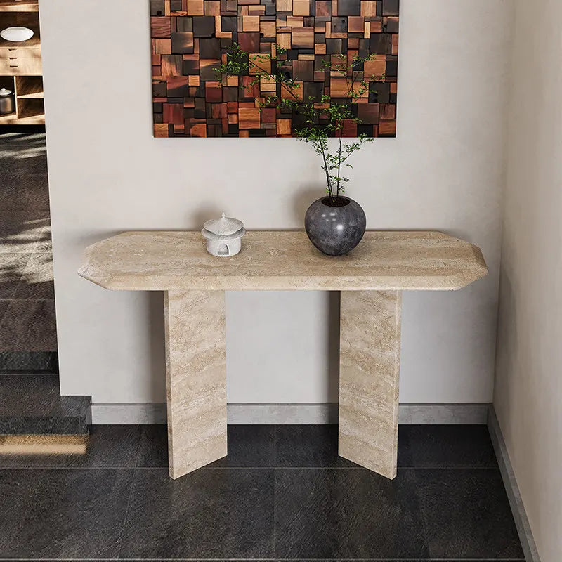 The Geometric Monolith: Faceted Natural Travertine Console - Architectural Natural Stone Furniture | LuxuryMarbleHome