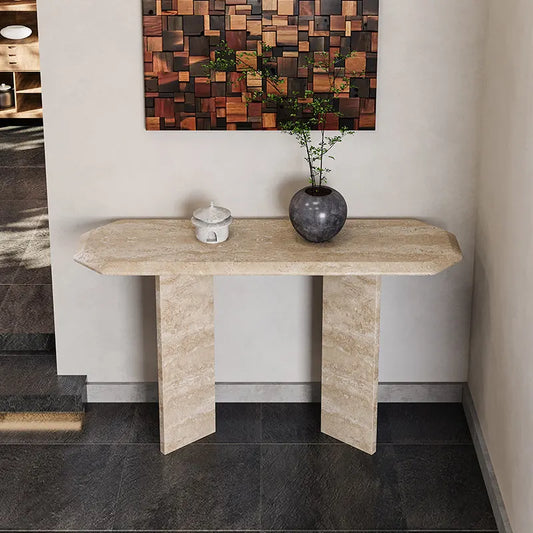 The Geometric Monolith: Faceted Natural Travertine Console - Architectural Natural Stone Furniture | LuxuryMarbleHome