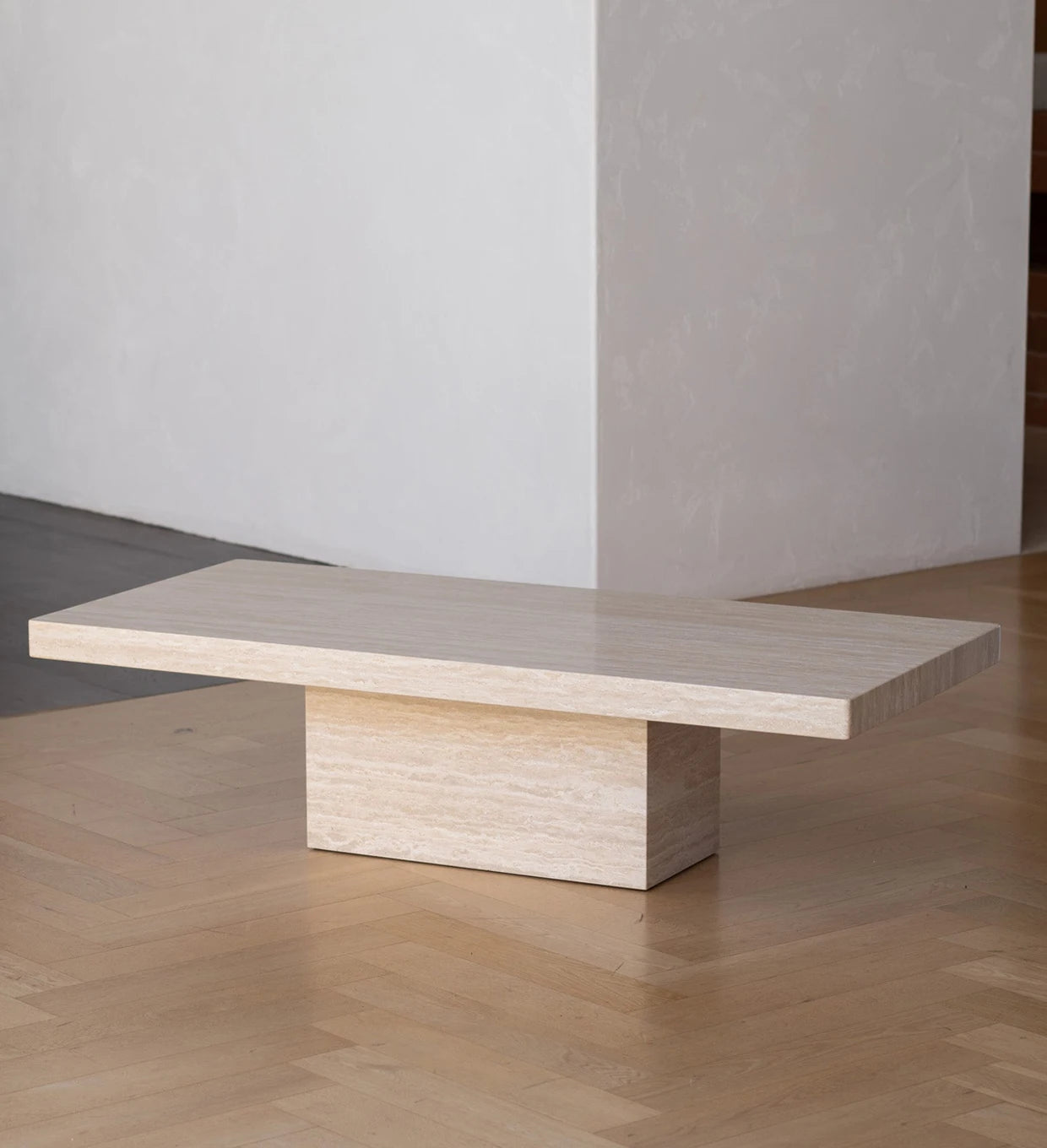 Rectangle Cream Travertine Coffee Table - Minimalist Monolithic Pedestal Design - Architectural Natural Stone Furniture | LuxuryMarbleHome