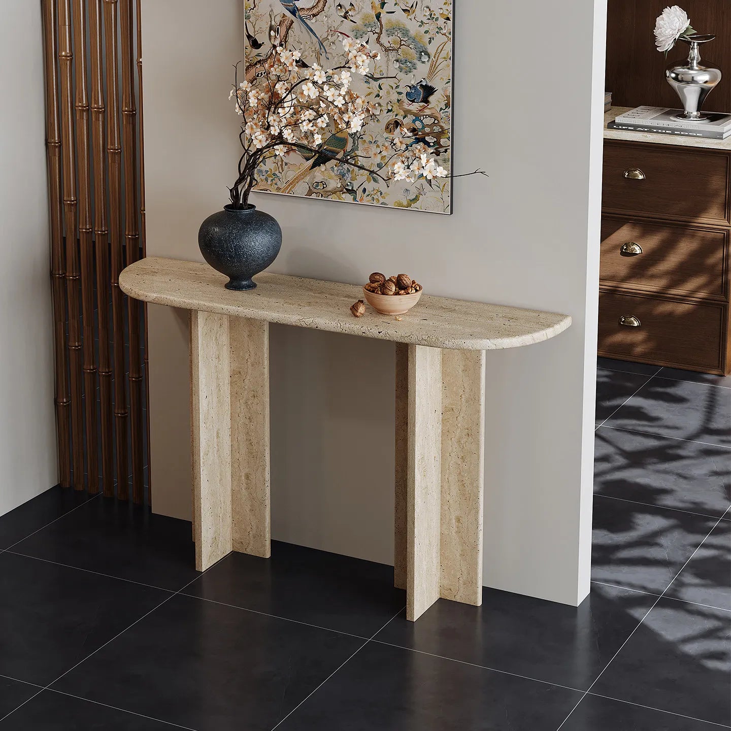 The Meridian - Wave & Straight Edge Travertine Console Table - Architectural Natural Stone Furniture | LuxuryMarbleHome