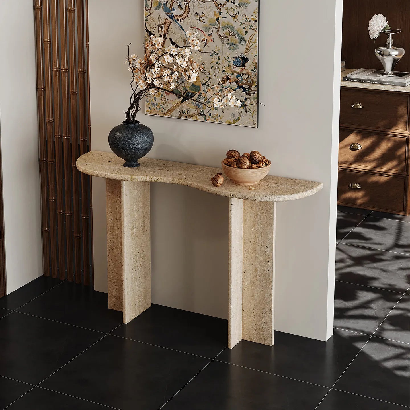 The Meridian - Wave & Straight Edge Travertine Console Table - Architectural Natural Stone Furniture | LuxuryMarbleHome