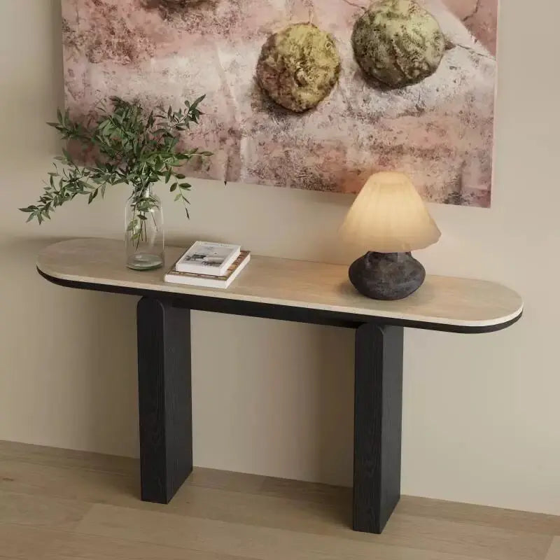 The Serene Pill: Travertine Sintered Stone & Wood Pillar Console - Architectural Natural Stone Furniture | LuxuryMarbleHome
