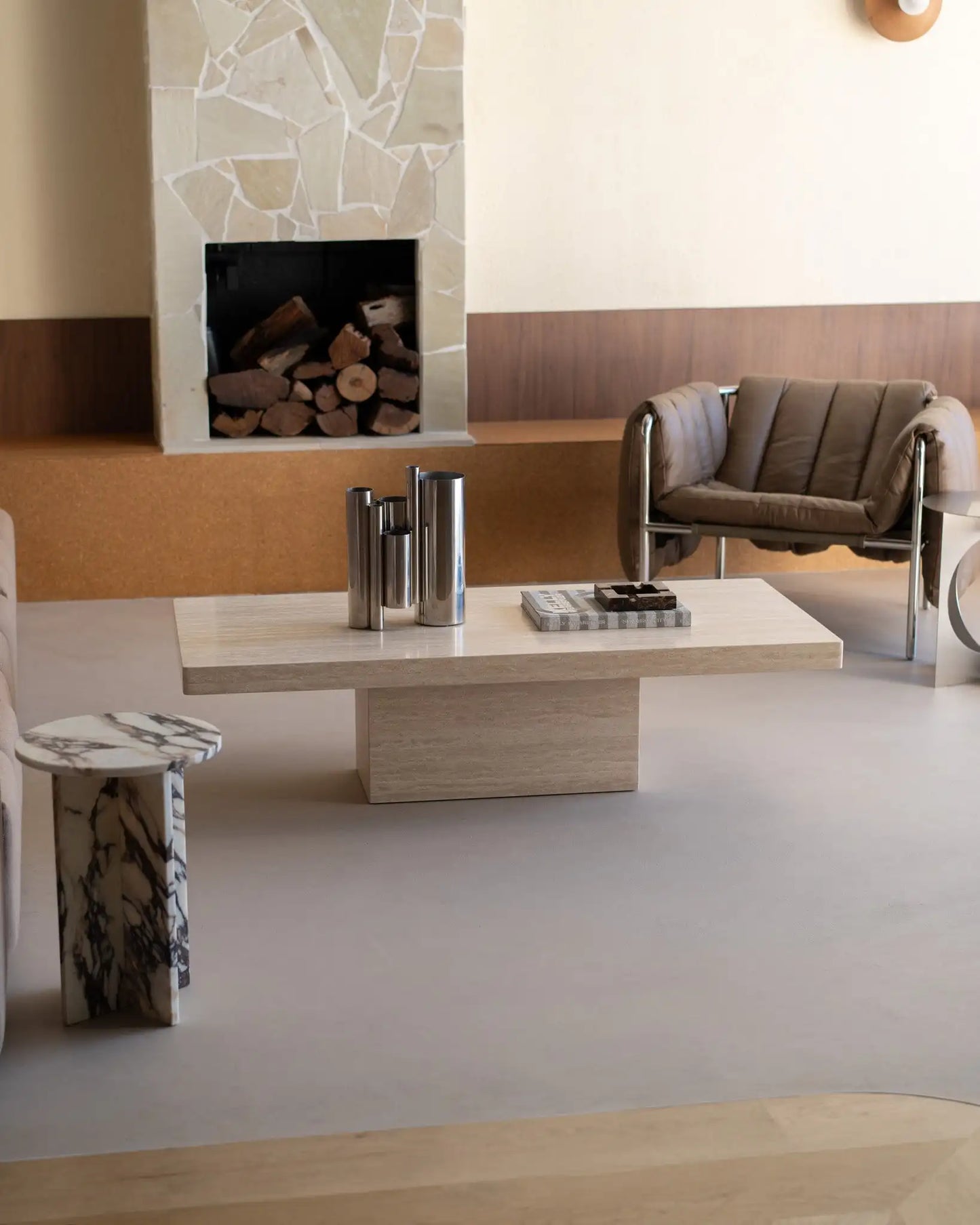 Rectangle Cream Travertine Coffee Table - Minimalist Monolithic Pedestal Design - Architectural Natural Stone Furniture | LuxuryMarbleHome