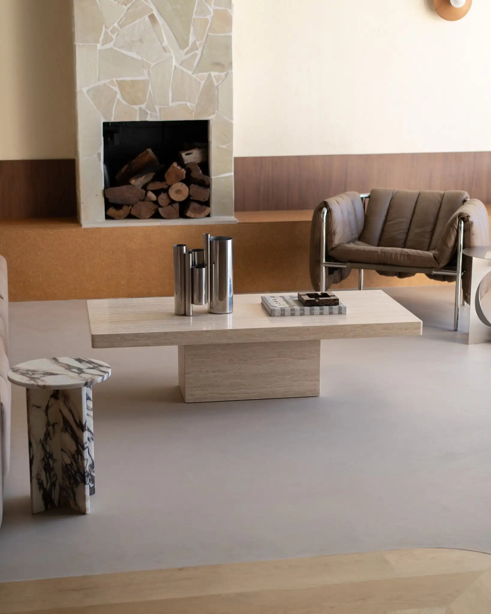 Rectangle Cream Travertine Coffee Table - Minimalist Monolithic Pedestal Design - Architectural Natural Stone Furniture | LuxuryMarbleHome