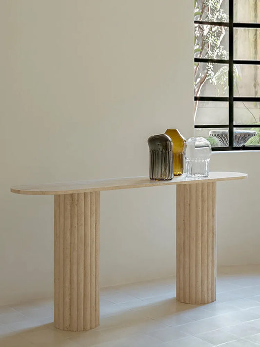 The Fluted Monolith: Pill-Shaped Ribbed Travertine Console - Architectural Natural Stone Furniture | LuxuryMarbleHome