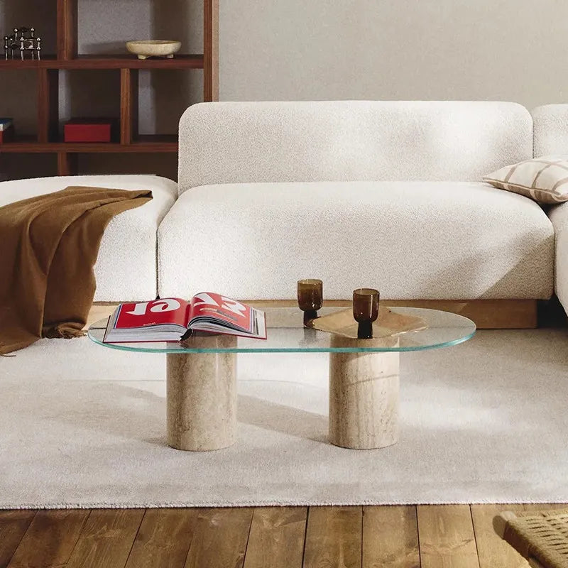 The Aura Travertine & Glass Coffee Table - Architectural Natural Stone Furniture | LuxuryMarbleHome