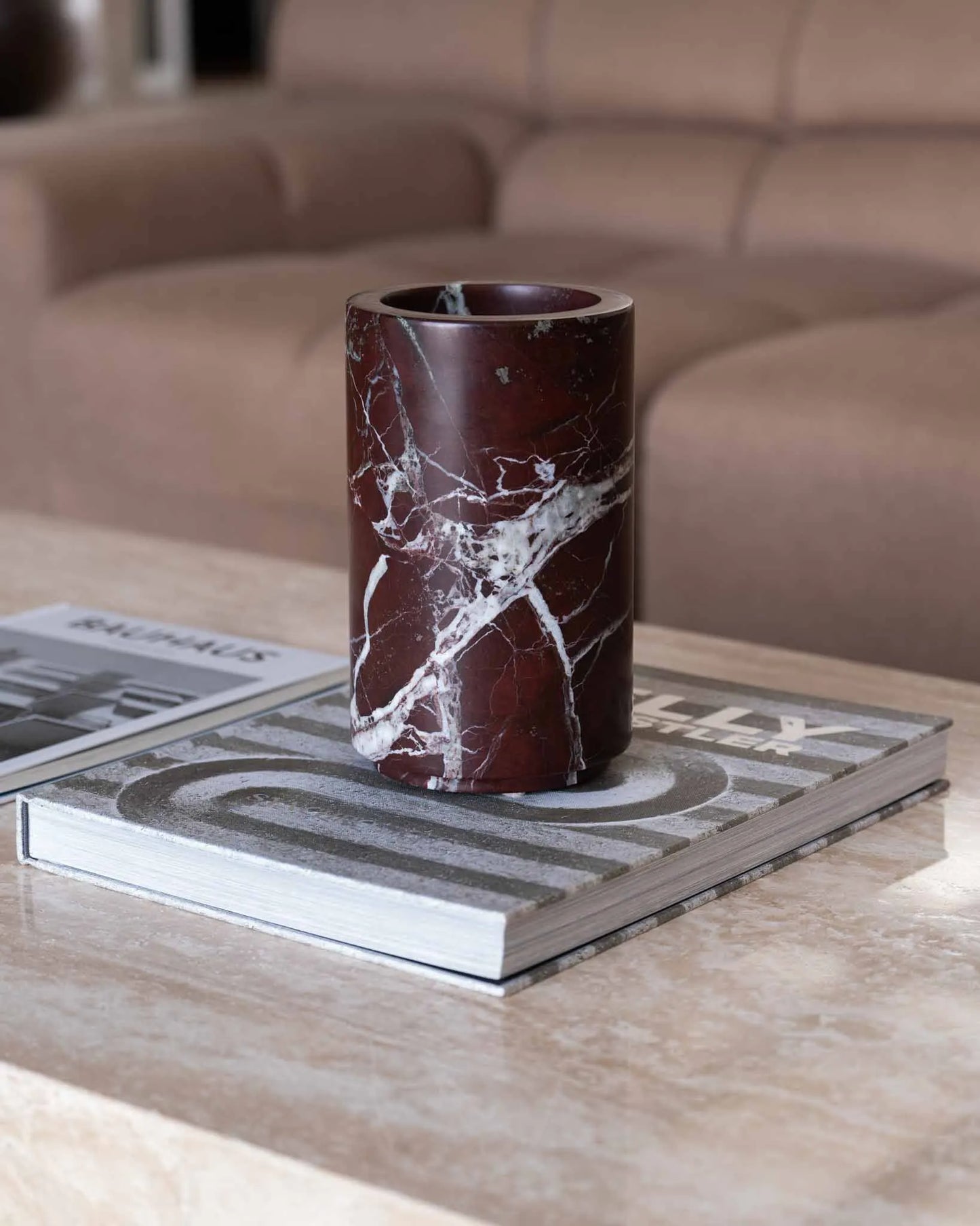 Rectangle Cream Travertine Coffee Table - Minimalist Monolithic Pedestal Design - Architectural Natural Stone Furniture | LuxuryMarbleHome