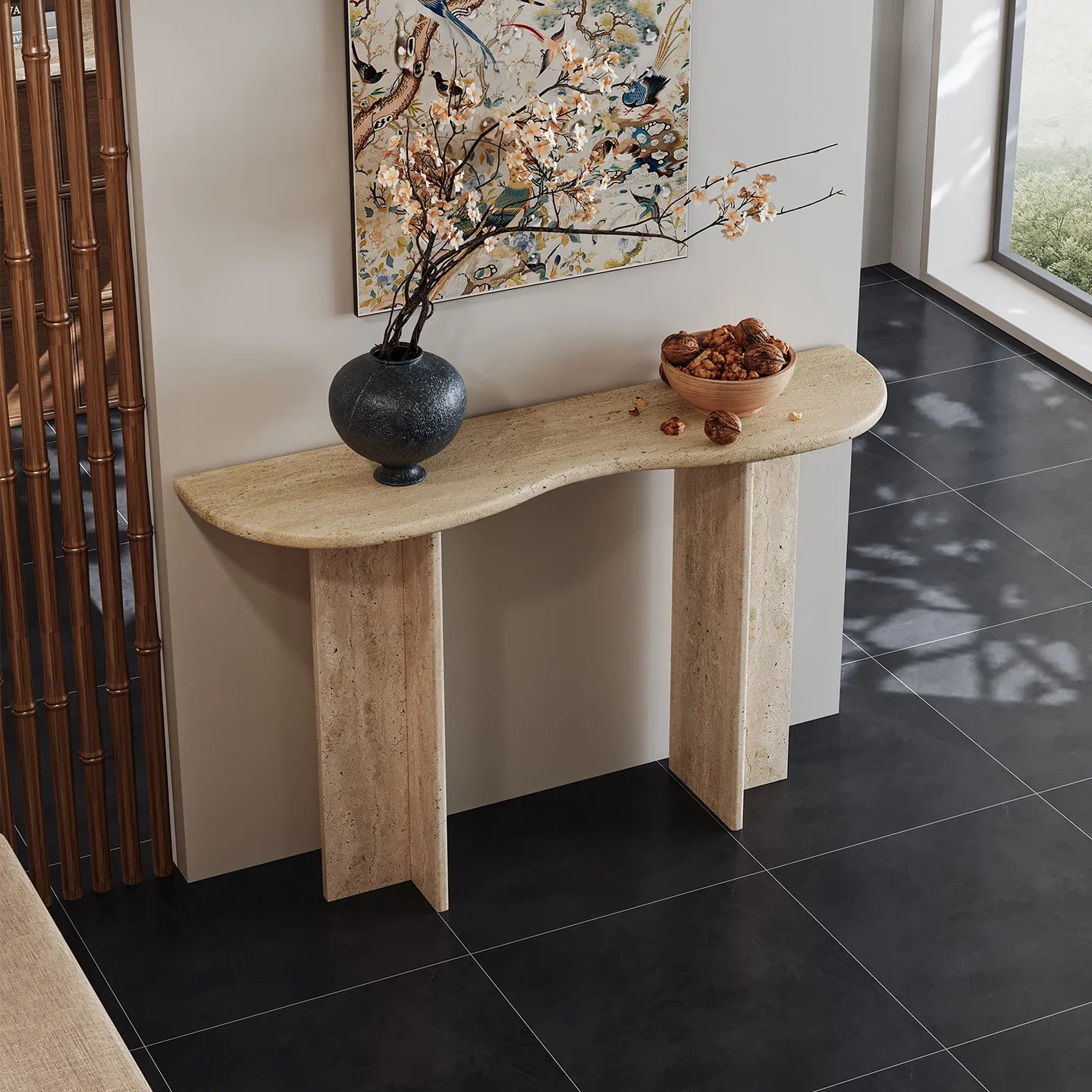 The Meridian - Wave & Straight Edge Travertine Console Table - Architectural Natural Stone Furniture | LuxuryMarbleHome