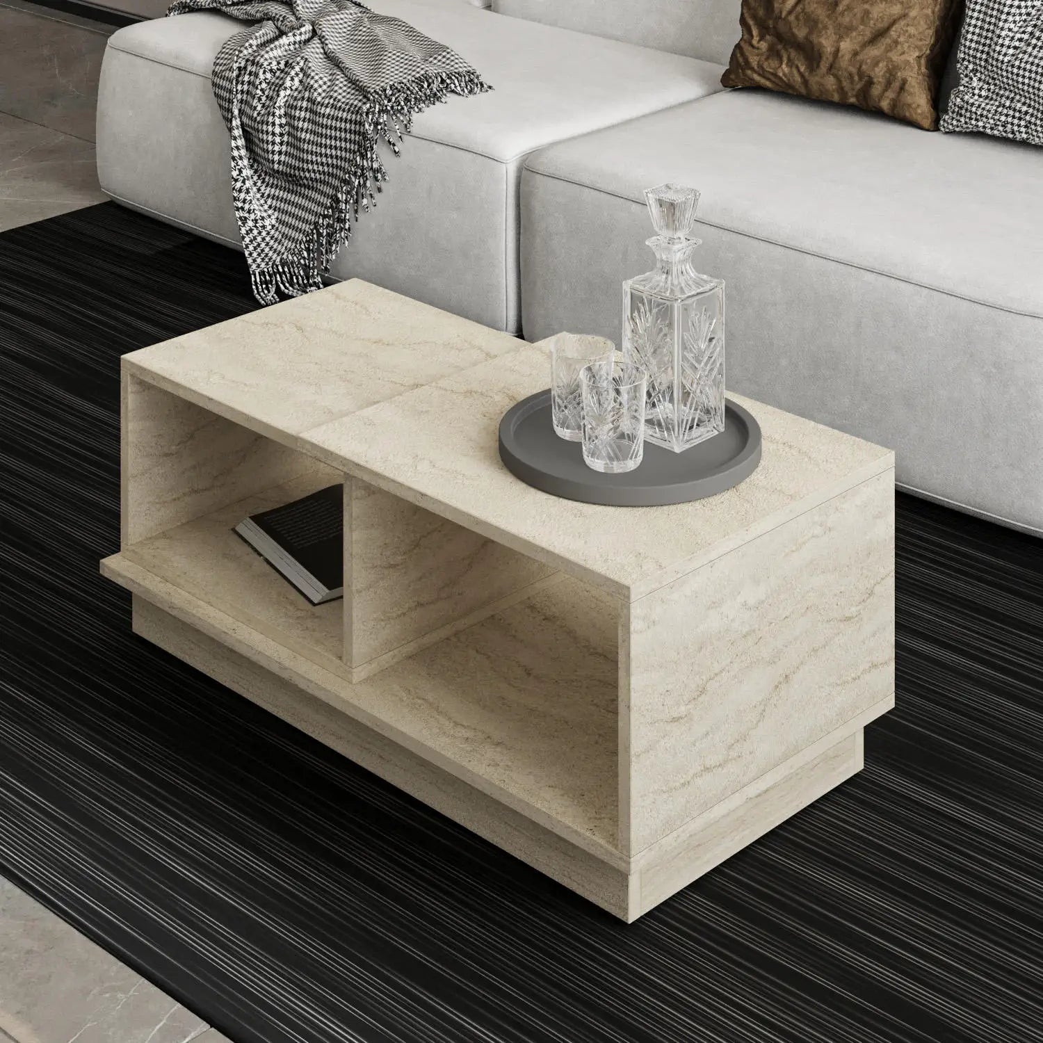 Angled Perspective: Open Storage Shelves in Solid Stone Table | LuxuryMarbleHome