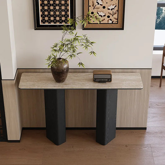The Noir Pillar: Travertine Sintered Stone & Black Oak Console - Architectural Natural Stone Furniture | LuxuryMarbleHome