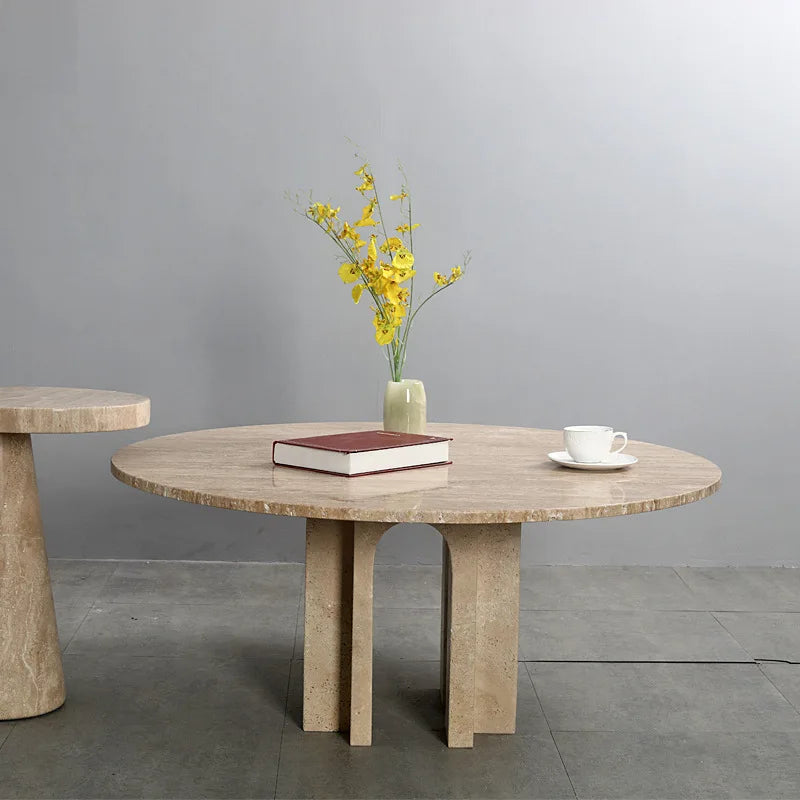 Athenaeum 47 inch Round Natural Travertine Dining Table - Architectural Arch Plinth Base - Architectural Natural Stone Furniture | LuxuryMarbleHome