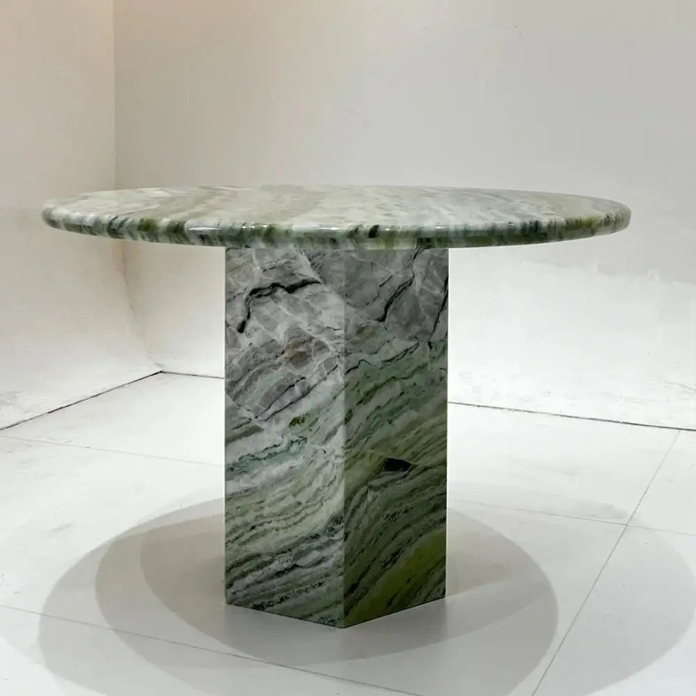 Perspective View: Crystalline Veining of Natural Green Marble Table | LuxuryMarbleHome