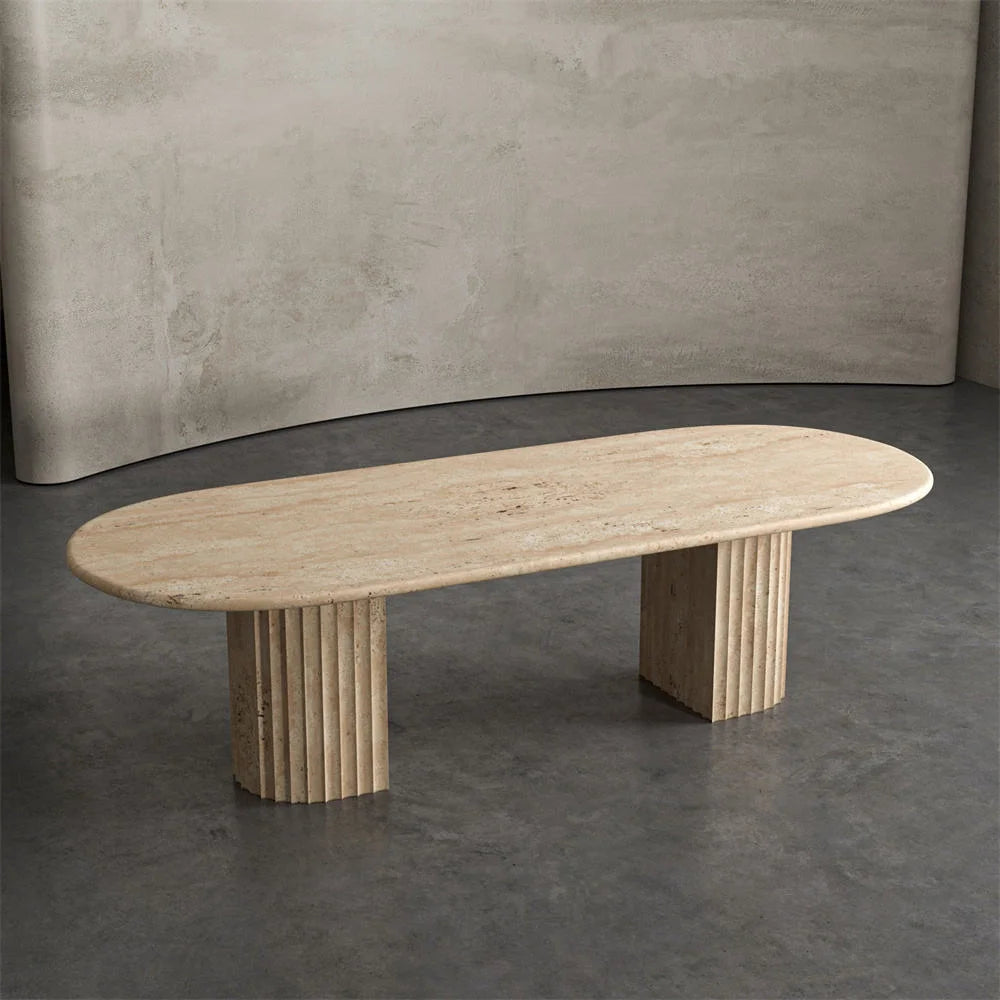 Oval Natural Travertine Dining Table Top View - Fluted Base | LuxuryMarbleHome