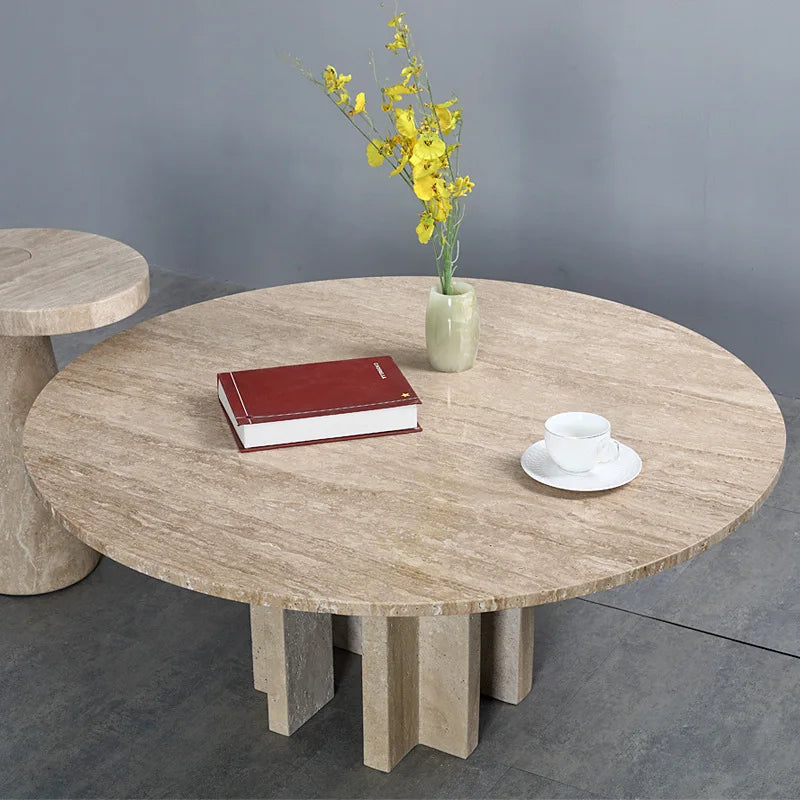 Athenaeum 47 inch Round Natural Travertine Dining Table - Architectural Arch Plinth Base - Architectural Natural Stone Furniture | LuxuryMarbleHome