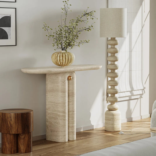 The Orb Monolith: Gold-Accented Travertine Console - Architectural Natural Stone Furniture | LuxuryMarbleHome